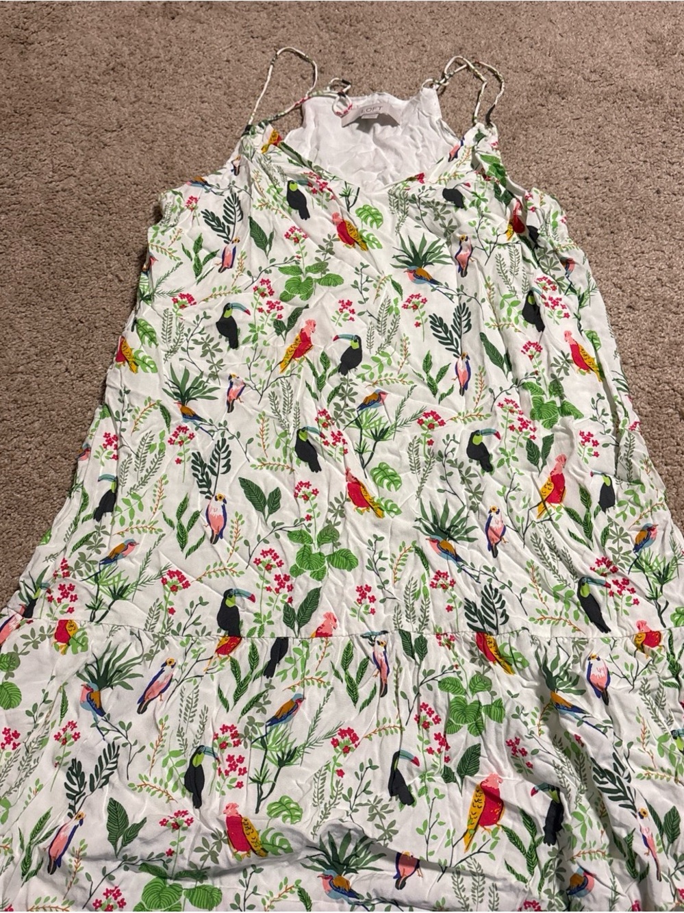 LOFT White Tropical Bird Print Sundress with Green Foliage